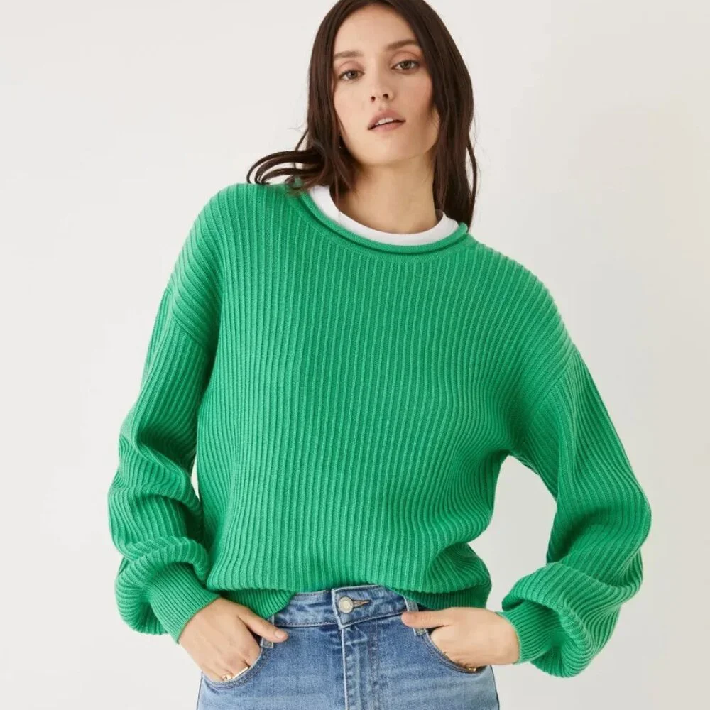 Frank & Oak Ribbed Crewneck Sweater in Bright Green - Picture 1 of 7